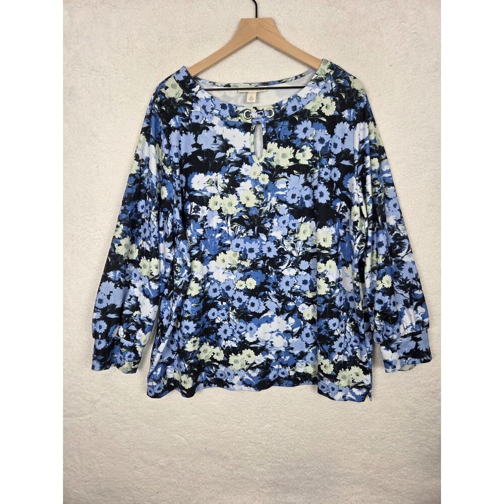 Emaline Tunic Blouse Womens 2X Blue Floral‎ Stretch Knit Grandma Core Casual Top